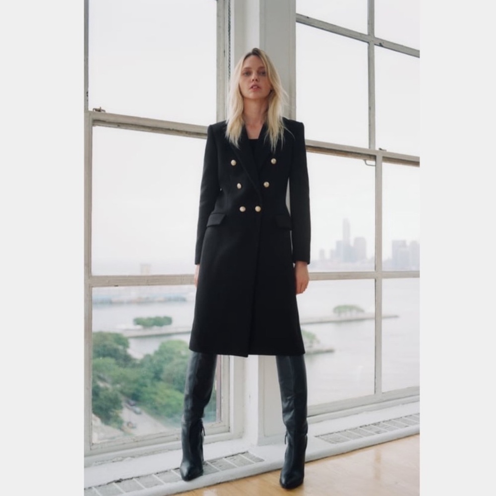 NWT Zara Double Breasted Wool Coat Black Size Small - Picture 2 of 9